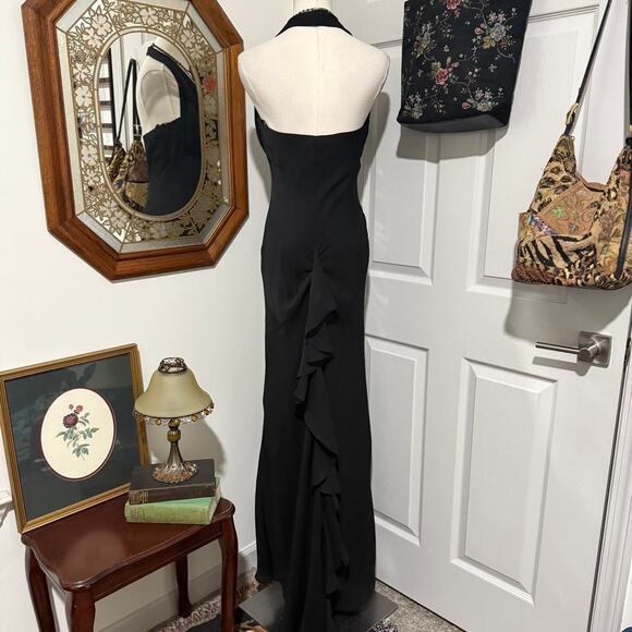 VTG Y2K Betsy & Adam Matte Black Mesh Gothic Ruffled Train Formal Maxi Dress - Picture 4 of 7